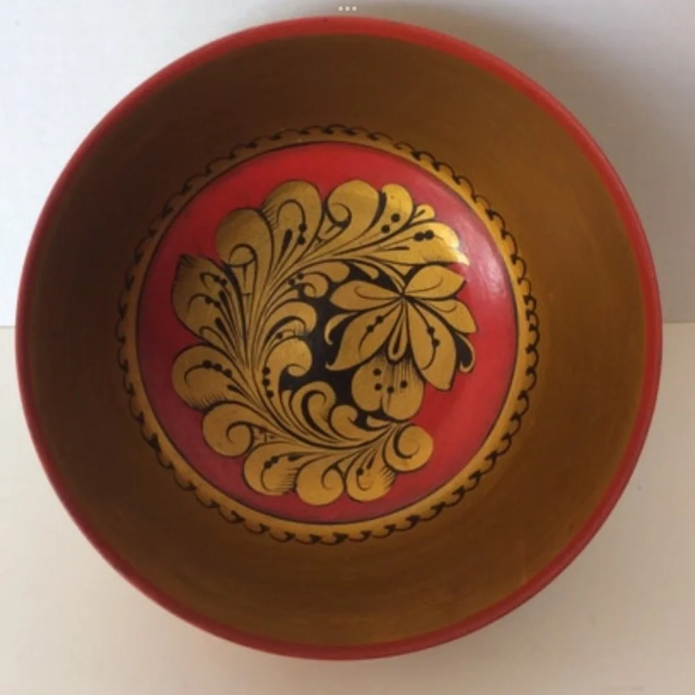 Vintage Red Gold Wood Bowl Khokhloma Painted Decorative Made in USSR Hand Paint
